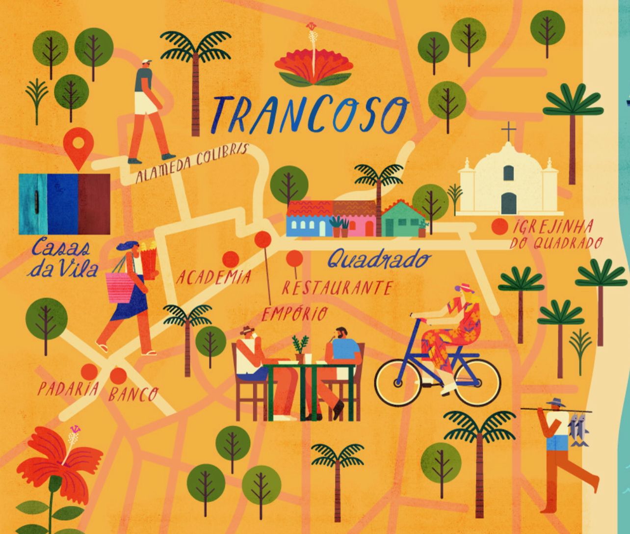 Illustrated map showing Casas da Vila, the Quadrado and beach access in Trancoso